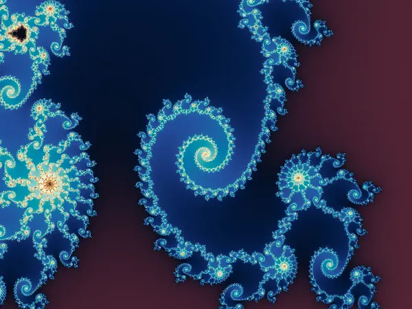 Double Spiral Valley — On the period-2 bulb side of Seahorse Valley, two intertwined arms wind into a shared centre. Zoom in to find smaller curls repeating along their branching edges.
