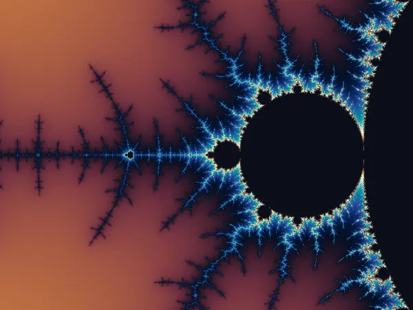 Feigenbaum Cascade — Follow the shrinking chain of bulbs as their periods double from 2 to 4, 8, 16, and beyond. Zoom toward the point near −1.401155 on the real axis to explore where the chain accumulates.