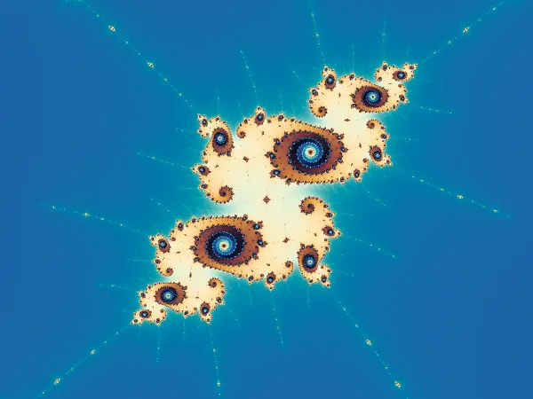 Double-spiral Julia Medallion — Near a miniature Mandelbrot's Seahorse Valley, curling filaments form a pattern resembling a Julia set. Explore the paired spirals and the smaller curls along their edges.