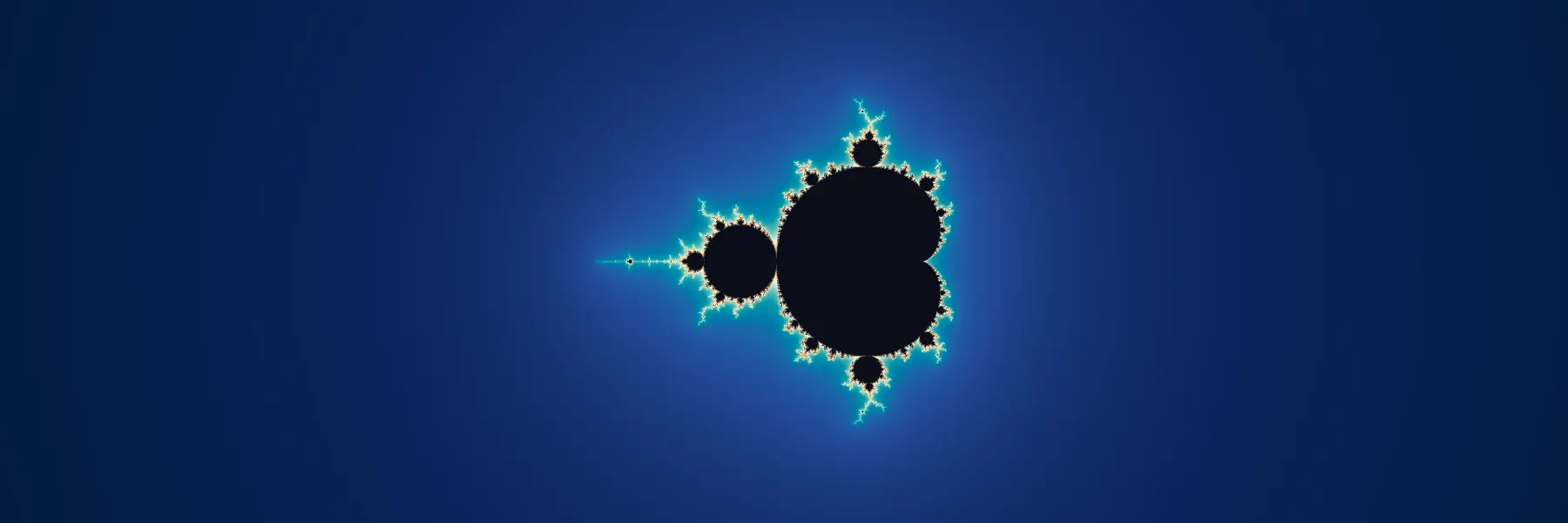 The Mandelbrot set in the complex plane with smooth navy, teal, ivory, and amber escape-time coloring