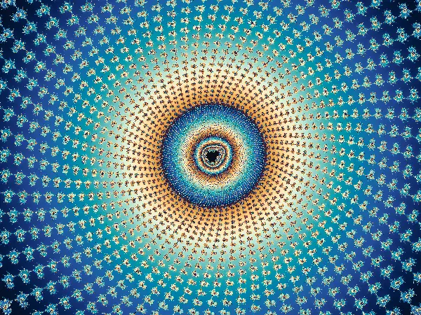 Octogintillion Scepter Star-Heart — At 2.86 × 10⁻¹¹¹ vertical span inside Scepter Valley, concentric scepter coronas and radiant filigree rings surround a buried satellite minibrot beyond 10⁻¹⁰⁰.