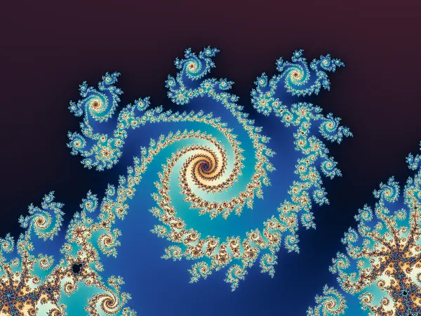 Quad Spiral Valley — Near the upper period-4 bulb, the filaments form spirals with four arms. Follow each arm outward to see it branch into smaller spirals, adding another turn to the patterns of Double and Triple Spiral Valley.