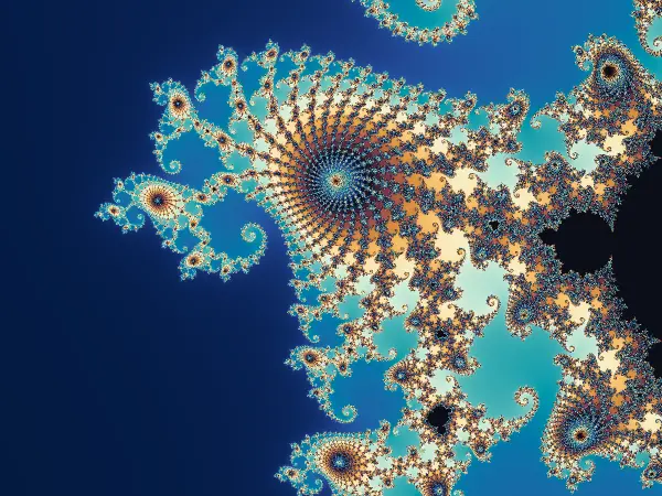 Seahorse Valley Spiral Sanctuary — Counter-rotating seahorse tails between the main cardioid and the period-2 bulb, centred near −0.747 + 0.108i at a 5.8 × 10⁻³ vertical span, separating deep navy water from warm ivory and amber curls.