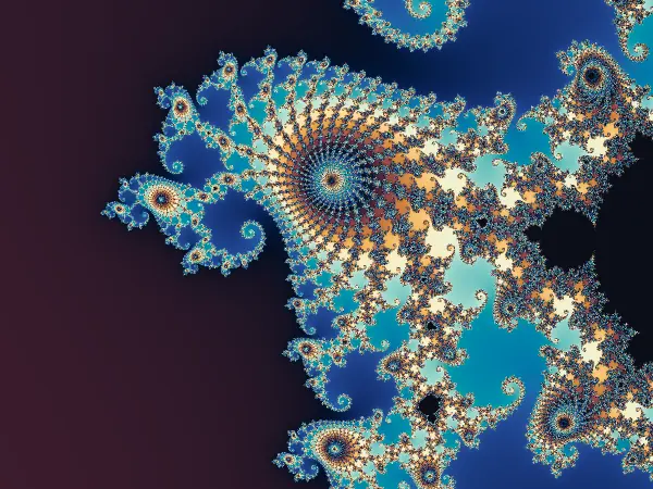 Seahorse Valley — A close-up of the curled branches between the main cardioid and the period-2 bulb, centred near −0.747 + 0.108i.