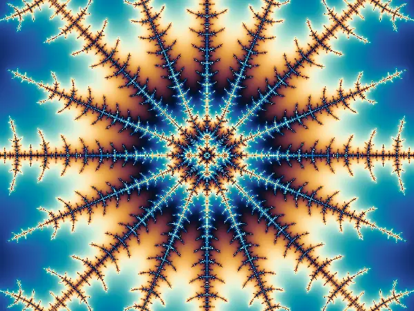 Sixteen-Ray Crystalline Pine Compass — At 1.02 × 10⁻³⁴ vertical span on the real axis near −1.4303584327, second-order inflection around a period-70 nucleus doubles an eight-branch Koch candelabrum into a sixteen-ray crystalline compass rose.