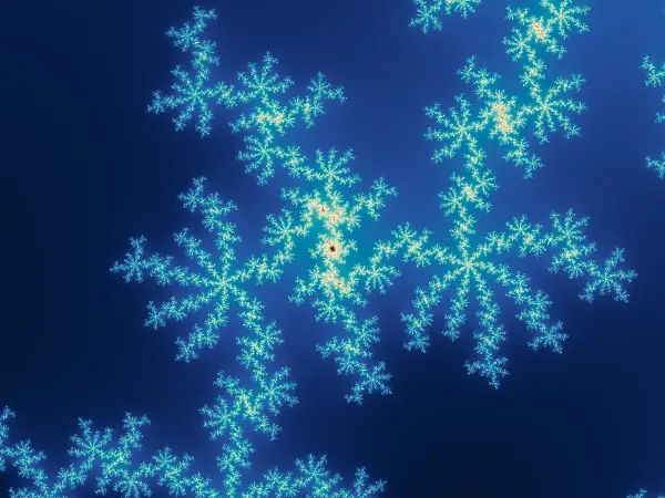Snowflake — Fine, feathery branches form clusters resembling snowflakes near −0.658448 − 0.466852i. Zoom in to find the pattern repeating along smaller branches.