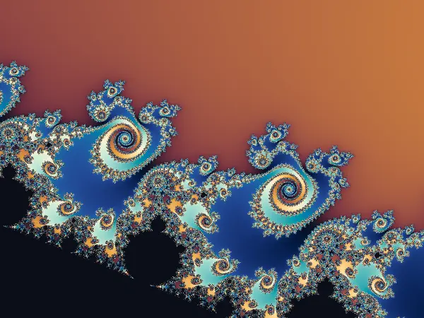 Triple Spiral Valley — Near the upper period-3 bulb, the boundary curls into spirals with three arms. Zoom in to follow the smaller spirals along each branch.