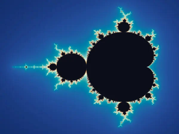 Mandelbrot set overview centered on the main cardioid and period-2 bulb from x = -2.2 to 0.8